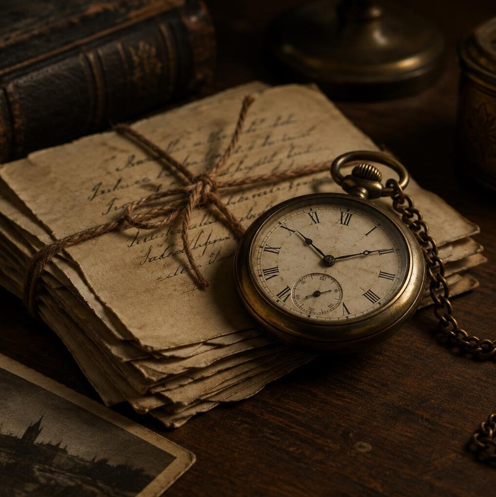 Antique pocket watch resting on handwritten letters