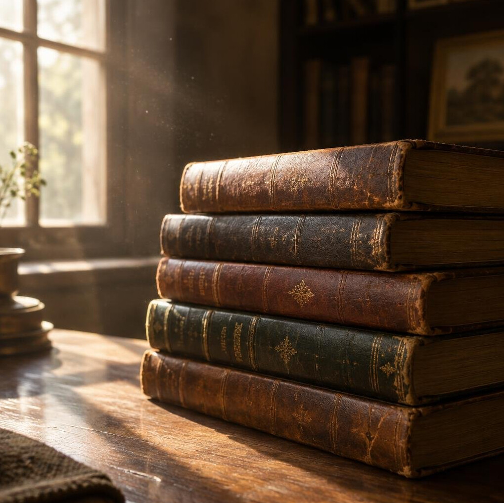 Stack of old leather-bound books