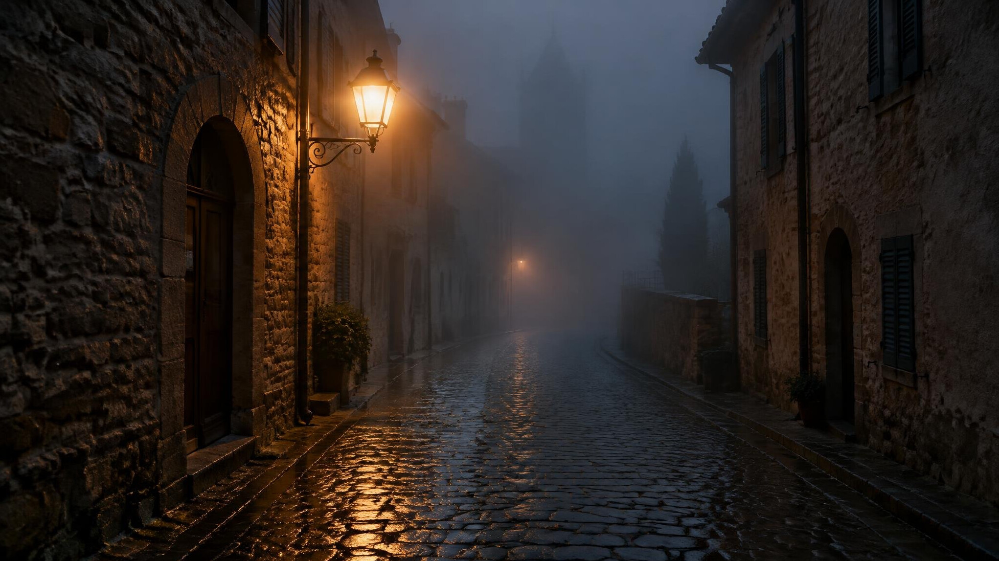 Foggy cobblestone street in an old European town at dusk