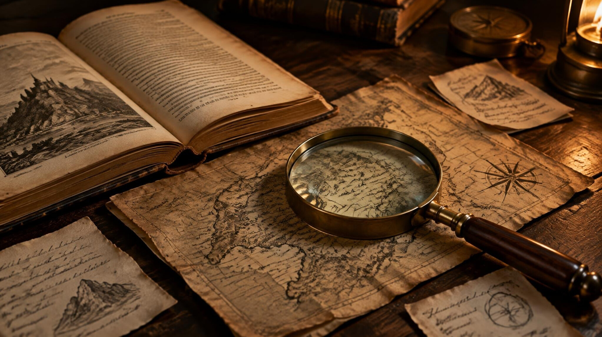 Open old book with a magnifying glass and an antique map