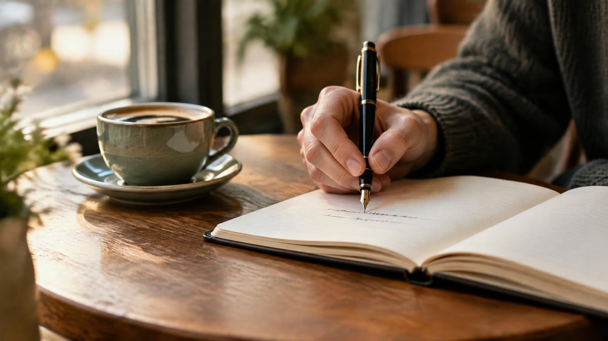 Hand writing in a notebook with a pen at a cafe table