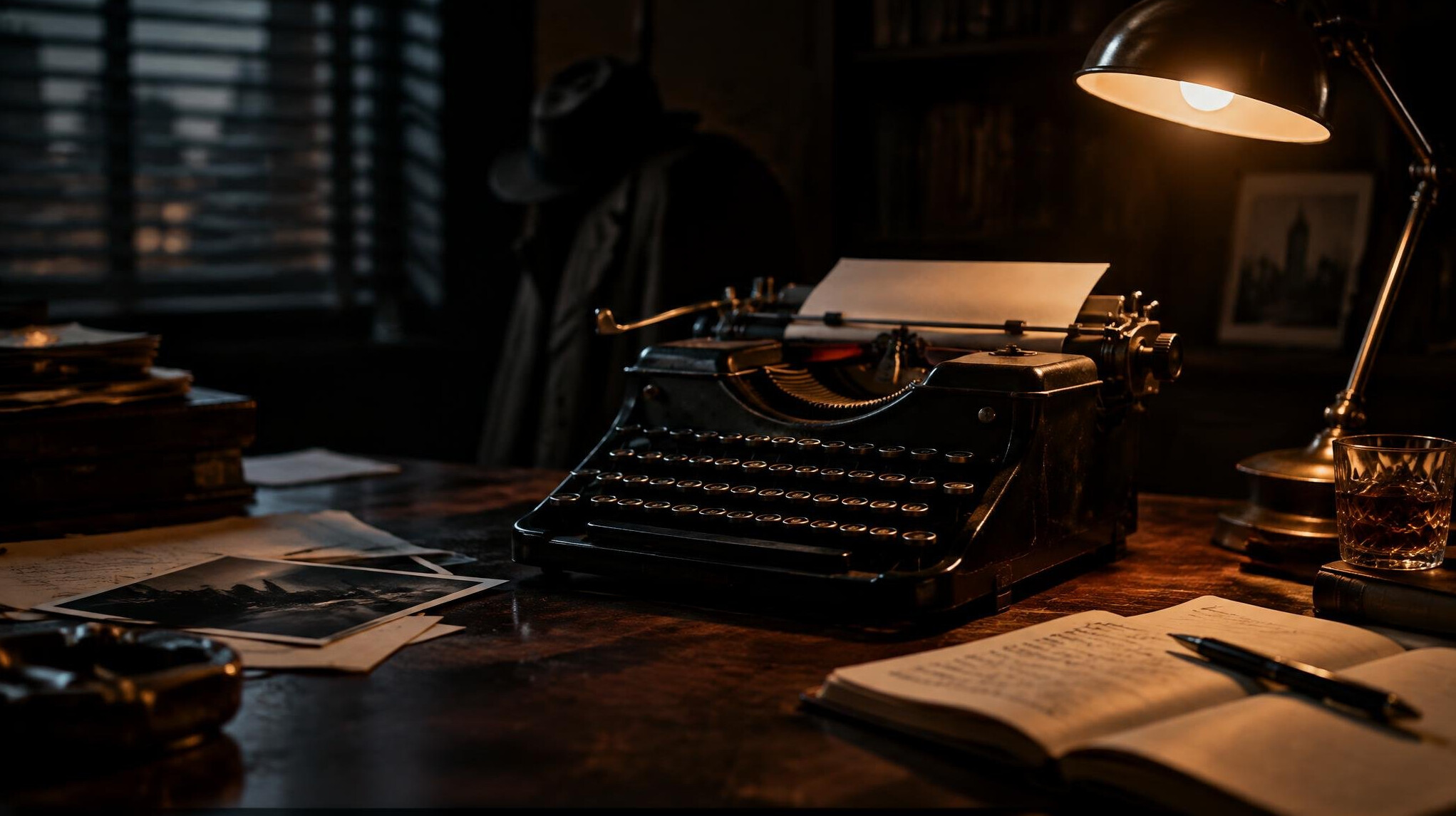 Vintage typewriter on a wooden desk with a lamp