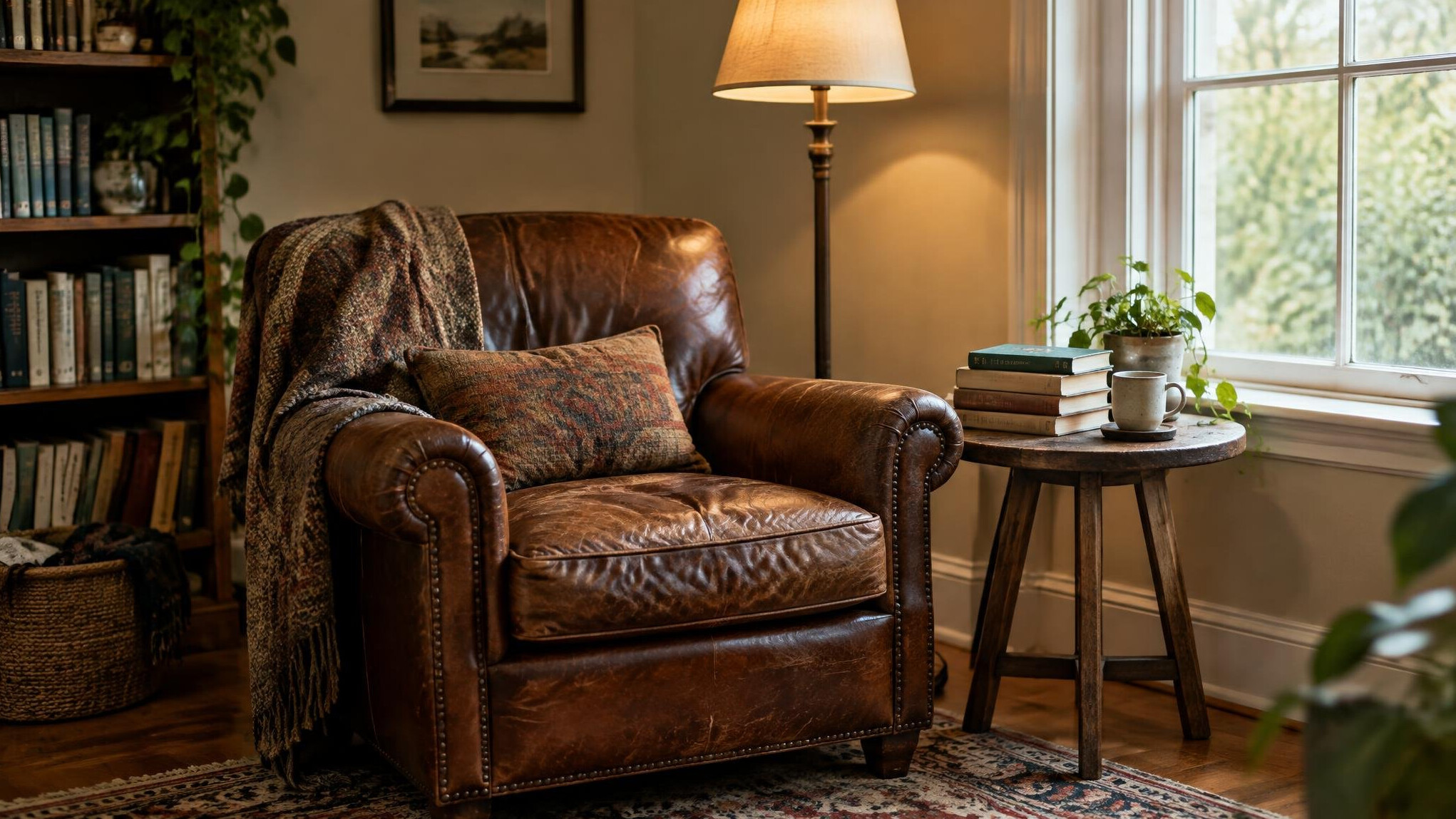 Cozy reading nook with an armchair, lamp and stacked books