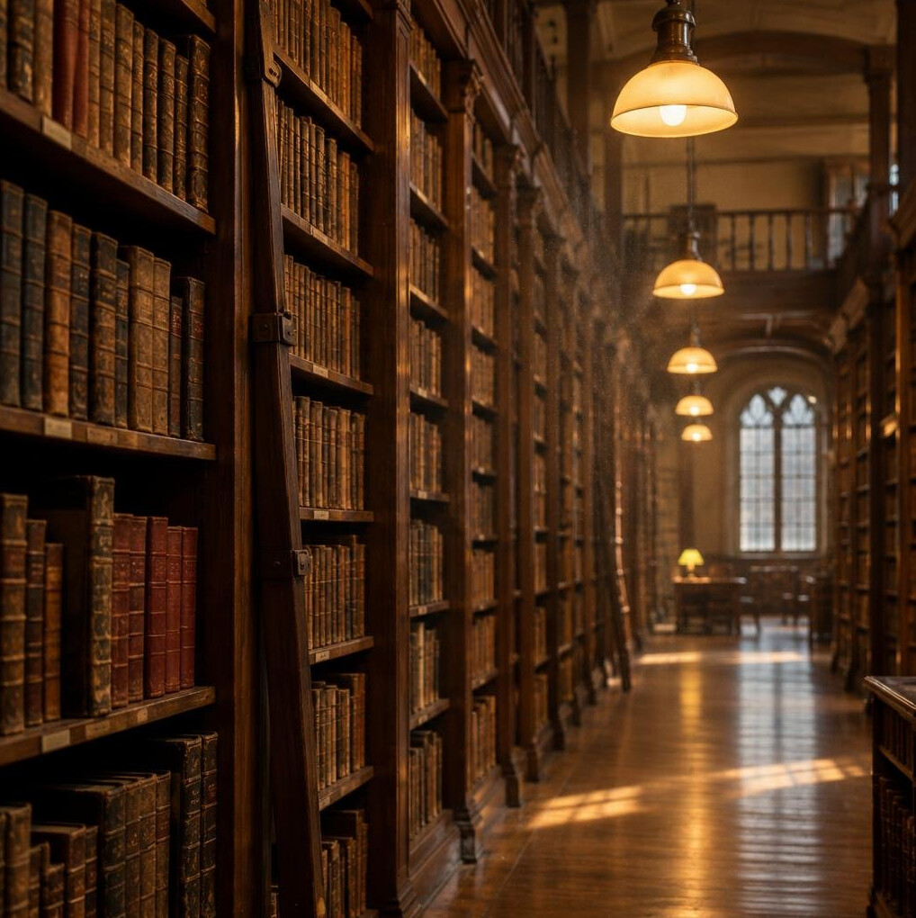 Dim library archive shelves with warm lighting