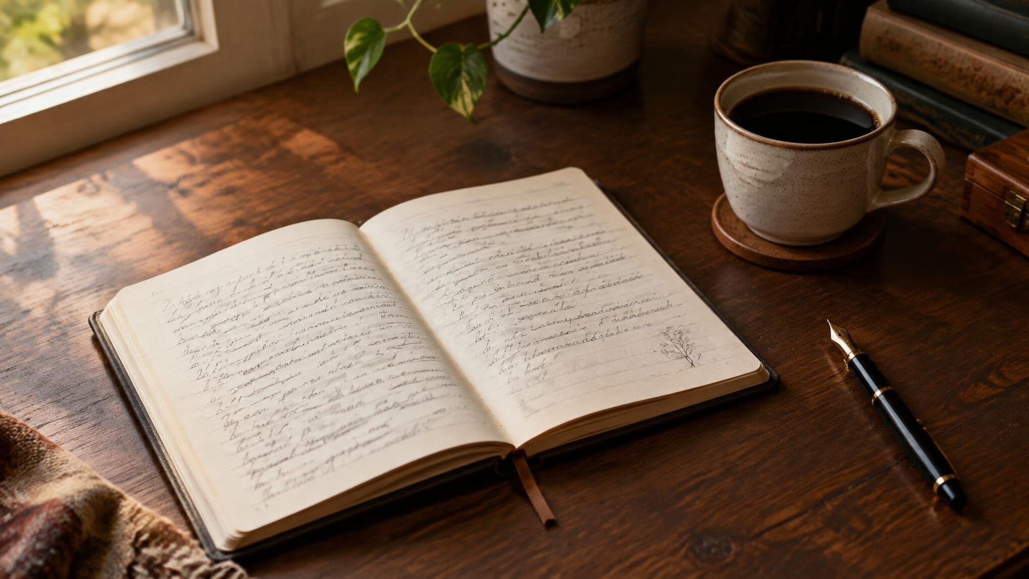 Open notebook with handwritten pages and a cup of coffee on a wooden desk