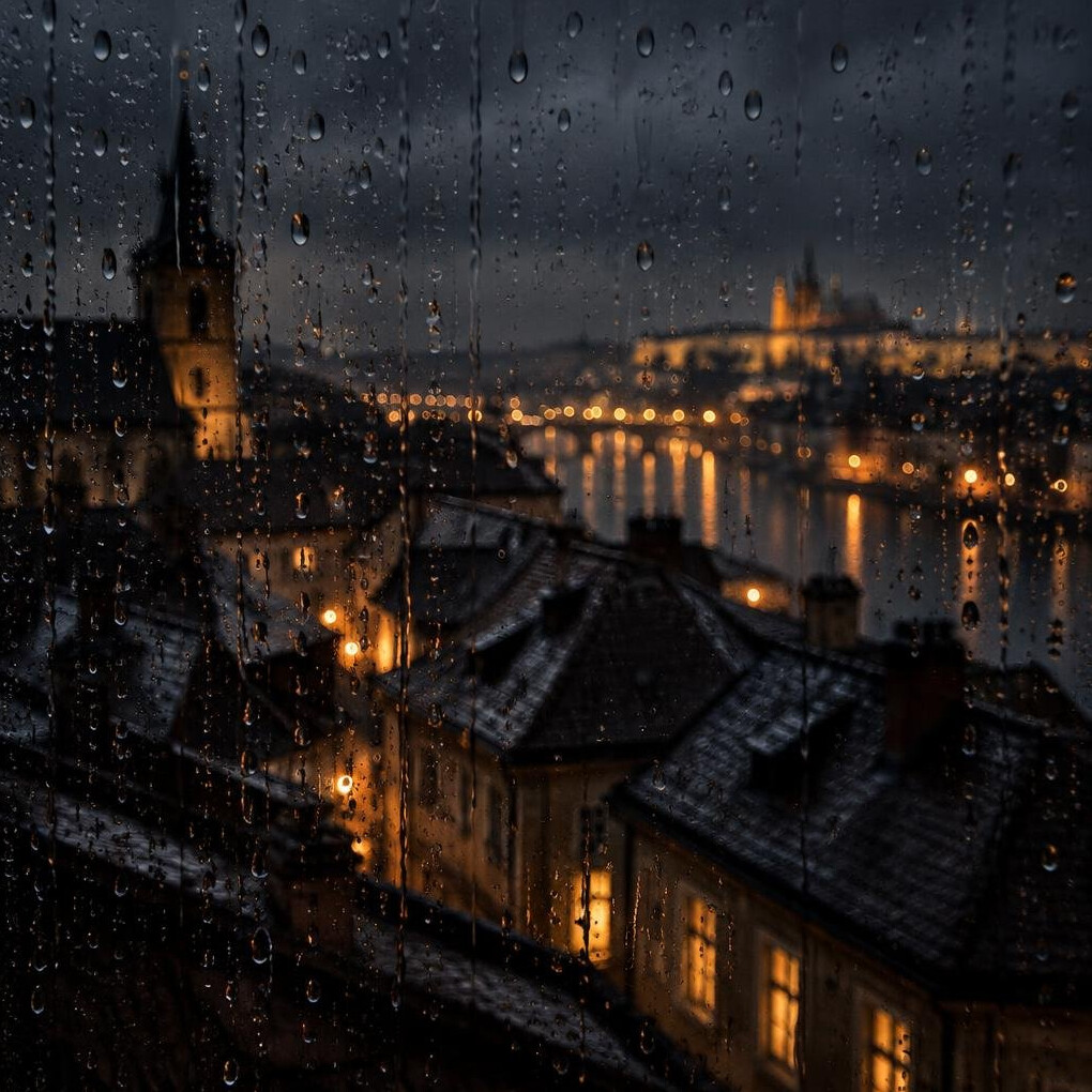 Rainy window view of old town rooftops at night